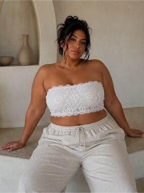 Lucky Brand Off-White Floral Lace Strapless Bandeau Top Boho Crop XL festival